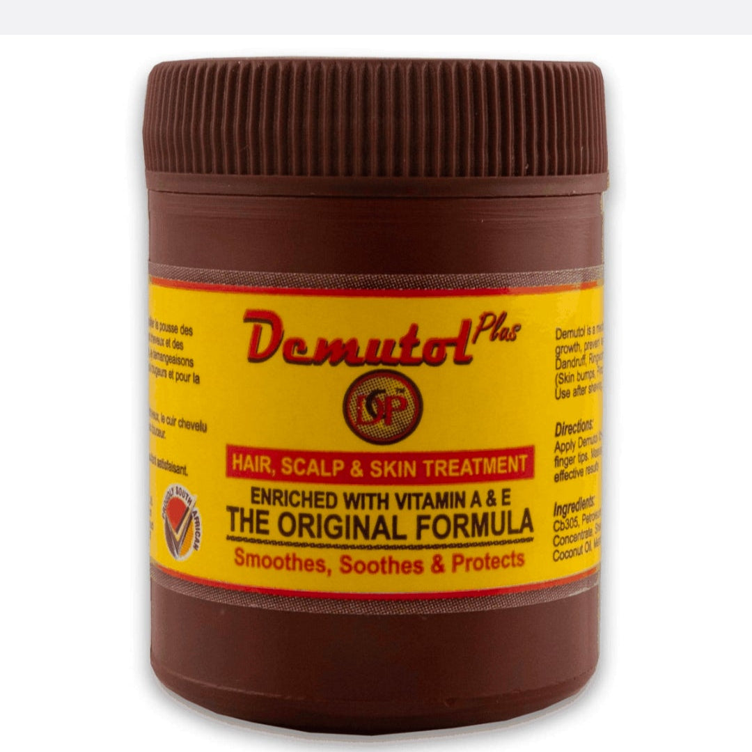Demutol hair scalp and skin treatment jar on a white background